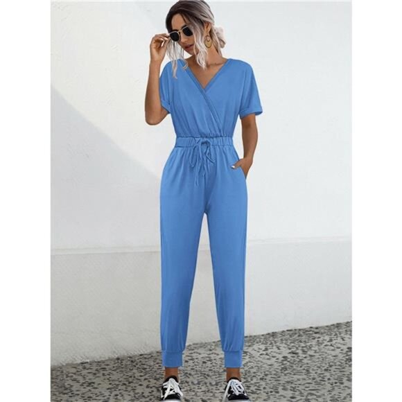 Drawstring Waist Short Sleeve Jumpsuit - Picture 1 of 9
